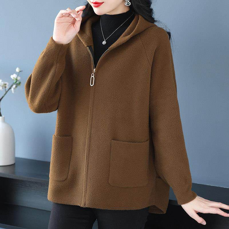 胖mm休闲连帽春秋新款显瘦羊绒外套女高端大码时尚拉链双面呢上衣