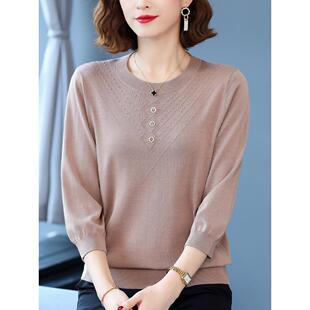 中年妈妈薄针织衫七分袖宽松上衣女加肥加大早秋纯色中袖毛衣T恤