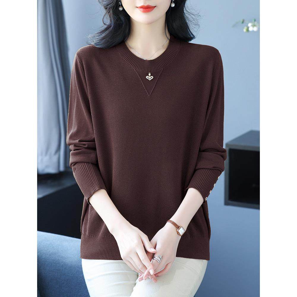 中年妈妈圆领冰丝针织衫女春秋薄款宽松加大码上衣打底长袖T恤衫