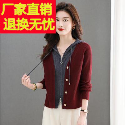 假两件上衣女时尚洋气短款连帽毛衣外套春装2025新款爆款针织开衫