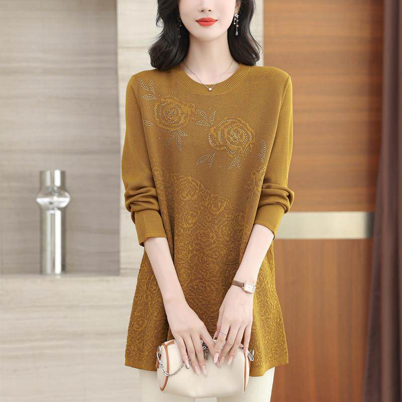 中年妈妈秋季新款加肥加大码桑蚕丝针织中长款女宽松遮肚减龄上衣