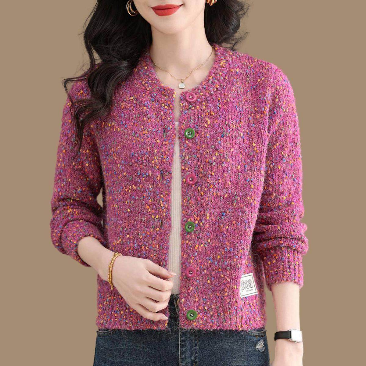 超好看彩点花色粗线羊毛针织开衫女春秋装圆领小香风毛衣外套上衣