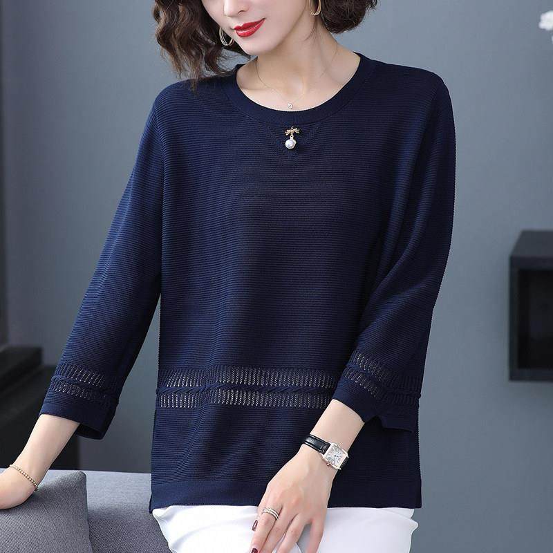 妈妈早秋装冰丝针织衫七分袖宽松上衣中老年女加肥加大码Tt恤洋气