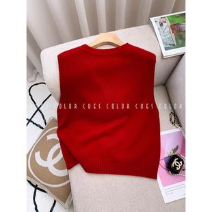 高端针织毛衣背心开衫红色纯羊毛马甲女2025秋冬时尚叠穿短款坎肩