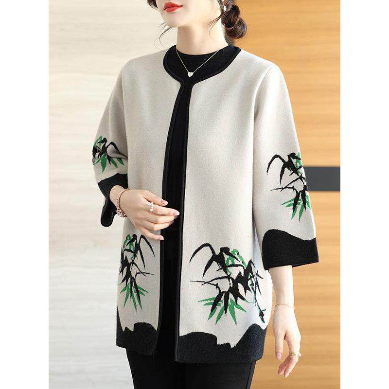 中老年妈妈春秋外套中长款阔太太洋气风衣加肥加大码针织呢子开衫