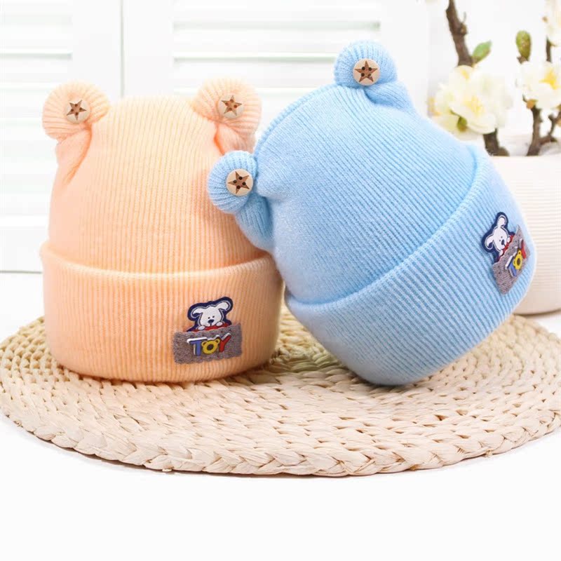 宝宝帽子秋冬新生儿胎帽加厚初生婴儿帽双层毛线套头帽0-6个月