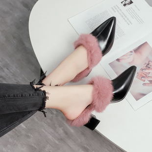 2025秋冬季粗跟尖头毛毛半拖鞋时尚外穿懒人百搭高跟包头女凉拖鞋