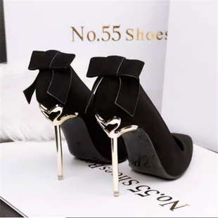 蝴蝶结高跟鞋女2026新款绒面金属细跟尖头浅口单鞋黑色职业工作鞋