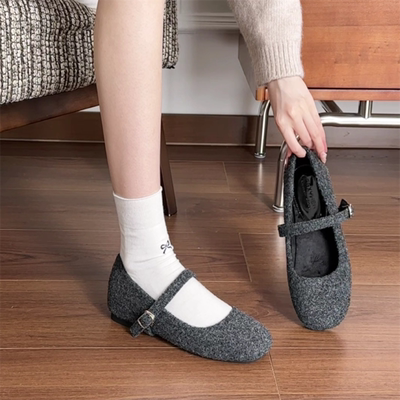 一字带内增高玛丽珍加绒毛毛单鞋