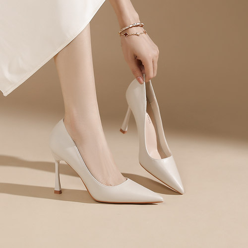 软皮高跟鞋女细跟尖头不累脚单鞋