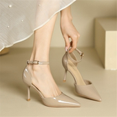 裸色高跟鞋 中空一字扣带包头凉鞋 女2026新款 细跟职业工作尖头单鞋