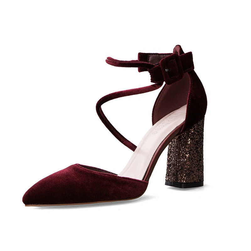 2024新款拼色粗跟黑色百搭交叉绑带单鞋中空一字扣尖头亮片高跟鞋