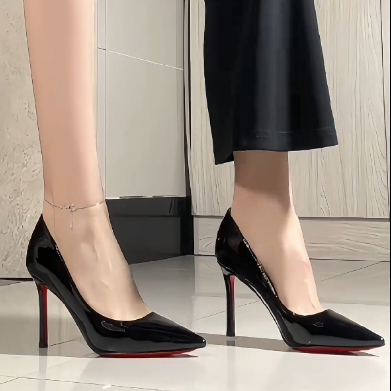 红底高跟鞋女细跟2026春秋新款漆皮黑色职业工作性感尖头浅口单鞋