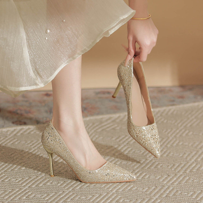 尖头亮片金色婚鞋秀禾两穿水晶高跟新娘鞋气质细跟浅口百搭单鞋女,女鞋,浅口单鞋,淘宝优惠券,粉丝福利购,淘宝优惠卷