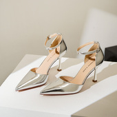百搭一字扣带中空单鞋 少女尖头细跟银色高跟鞋 包头凉鞋 2026年新款