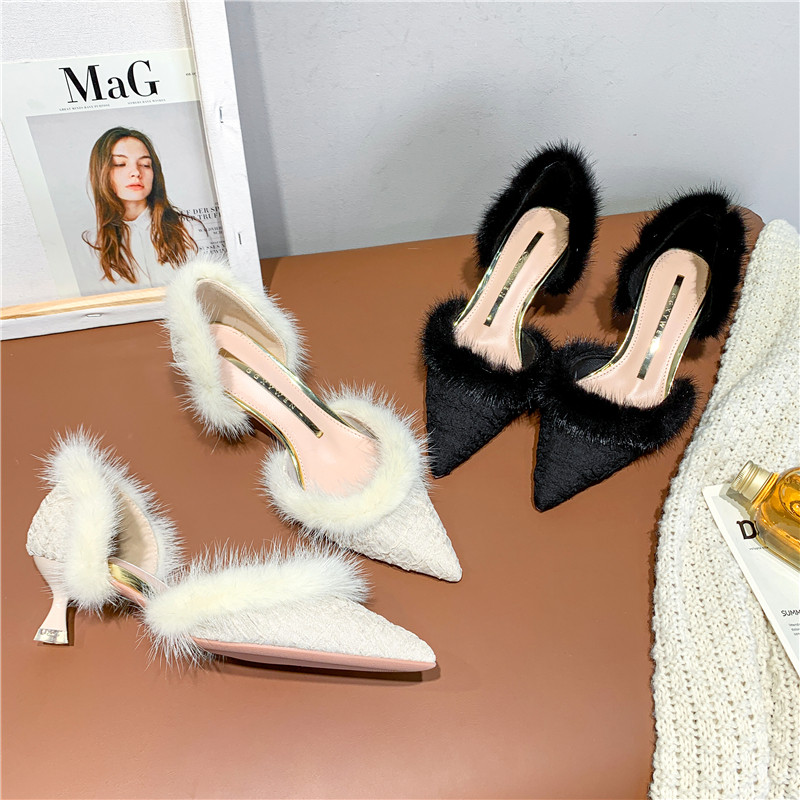 时尚外穿毛毛鞋女2026年新款细跟百搭气质尖头单鞋低跟中空高跟鞋