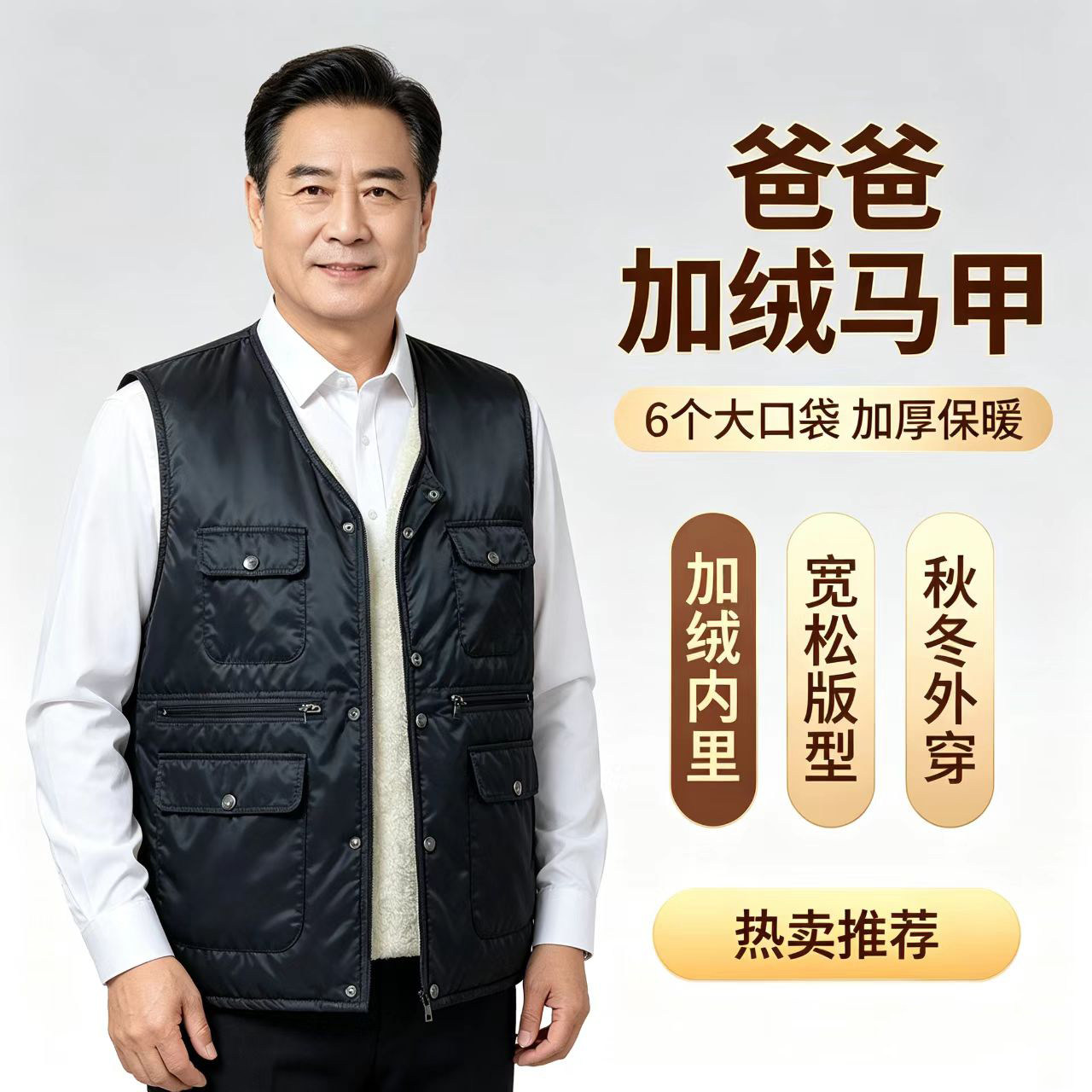 《爆款》秋冬中老年男士棉马甲加绒加厚多口袋坎肩马夹爸爸装背心