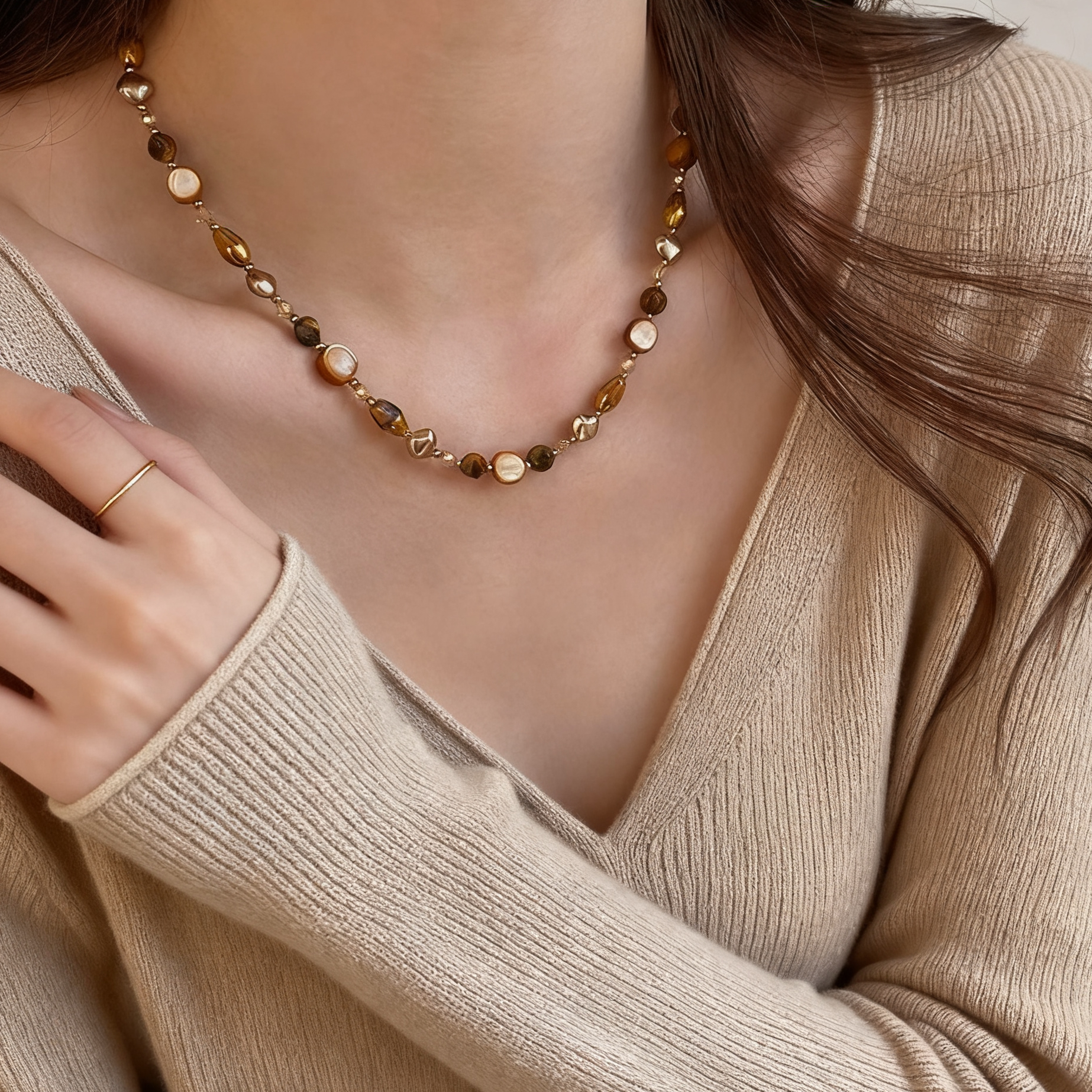 秋冬长款天然虎眼石毛衣链撞色高级感项链轻奢女款个性百搭项链