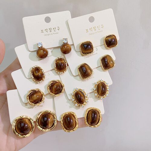 S925银针仿虎眼石秋冬爆款复古琥珀色耳环女轻奢高级感耳钉耳饰女