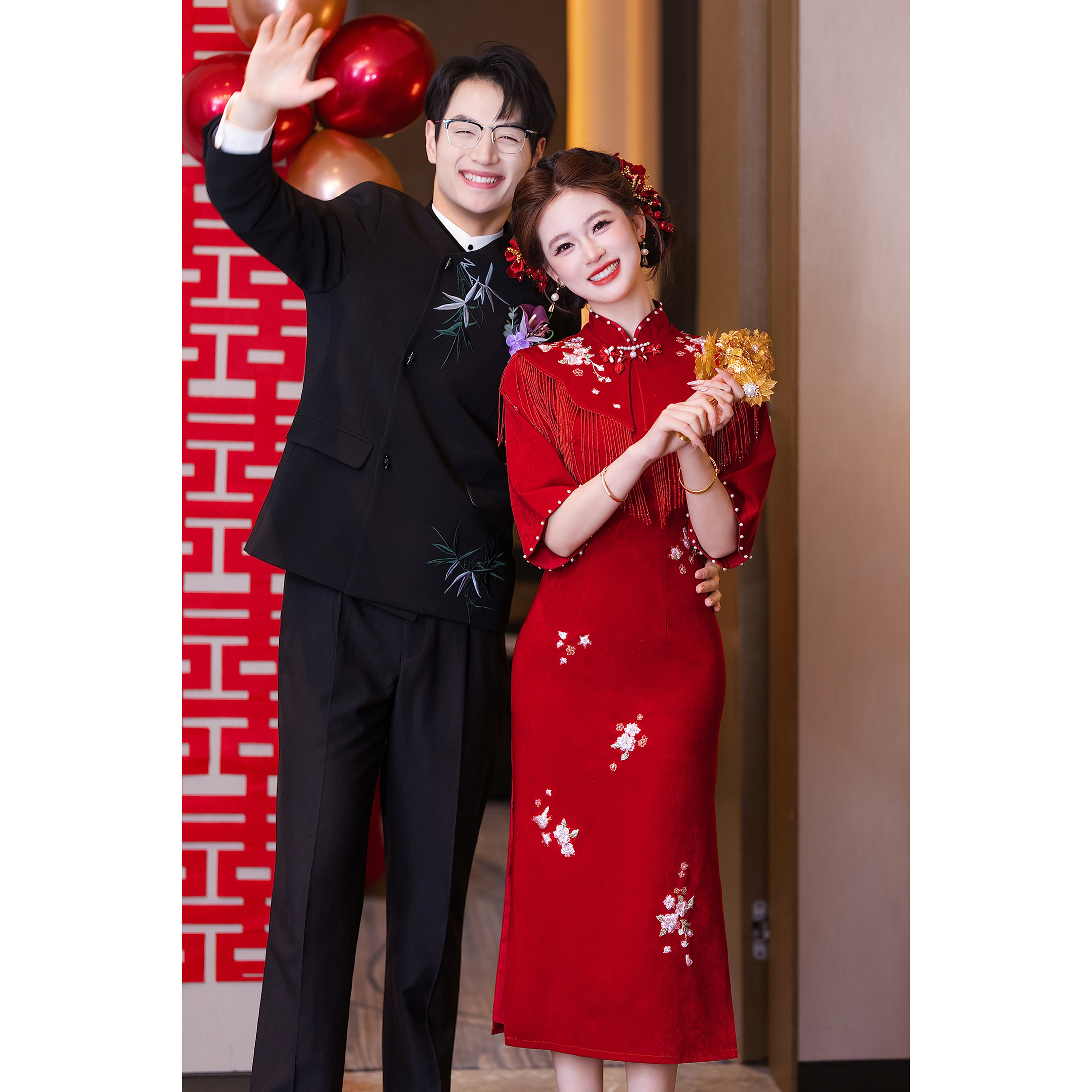 小个子敬酒服新娘新中式旗袍流苏订婚礼服连衣裙披肩酒红色回门服