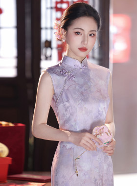 新中式紫色修身改良旗袍订婚裙