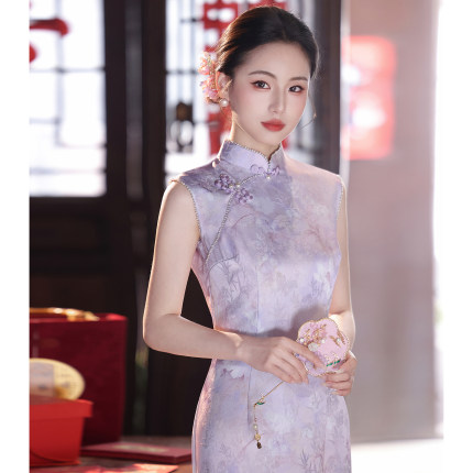新中式改良旗袍紫色高级感国风订婚礼服连衣裙小个子日常可穿修身