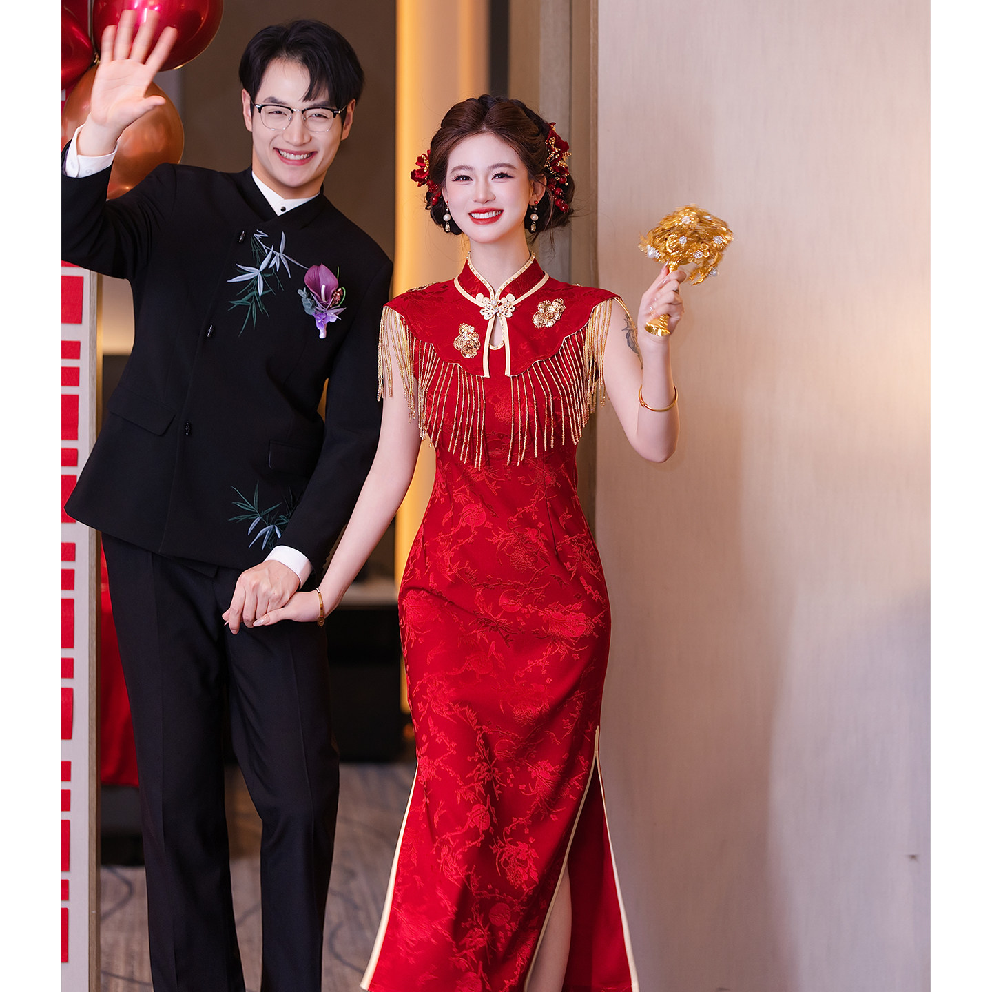 酒红色敬酒服新娘新中式旗袍披肩流苏订婚礼服连衣裙高级感显白女