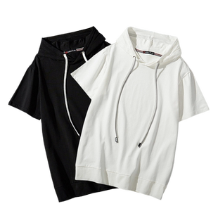 夏装白色连帽短袖t恤男潮牌宽松带帽半袖卫衣潮流韩版体恤衫黑色