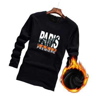 加绒长袖男潮流青少年圆领加厚打底衫保暖t恤潮牌男士冬季上衣潮