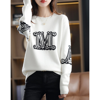 秋冬新款女圆领羊毛衫加厚宽松套头毛衣M字母短款提花打底针织衫