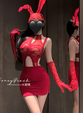 HP：赤焰织梦*性感红色圣诞蕾丝镂空挂脖连衣裙辣妹收腰包臀裙女