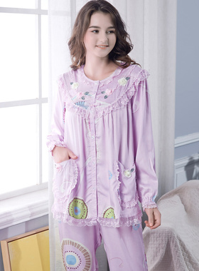 欣琦丝女士睡衣秋季顺滑天丝棉质长袖两件套装可外穿家居服21767