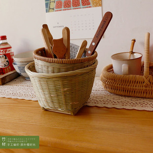 竹筒手编丨竹条藤口原材编织圆形篓子笔桶桌面多用小物杂物收纳篮