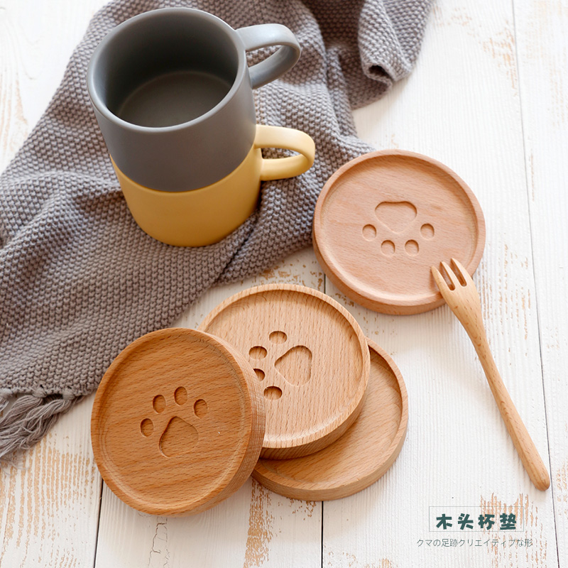 小熊掌榉木无漆圆形水杯木杯垫