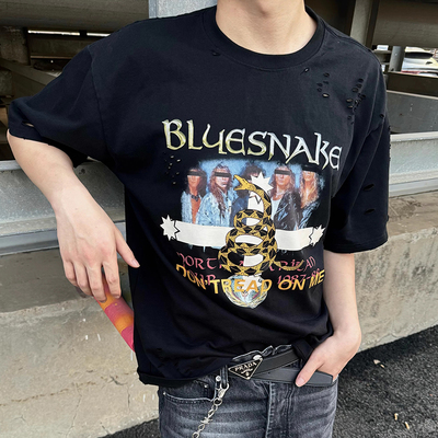 支持鉴定！做旧破坏乐队印花短袖