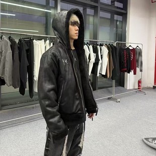 THUG CLUB双面穿做旧摇粒绒皮衣毛绒连帽拉链夹克皮草外套男女潮