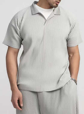 VIBE ACW褶皱男士款压褶翻领夏季透气宽松休闲纯色Polo衫短袖T恤