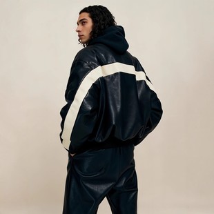 休闲宽松皮衣黑白拼接棒球夹克棉服外套男士 高街美式 GFKC新款 FOG