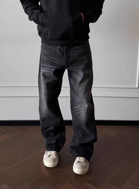VIBE ACW美式复古猫须蜂窝微喇直筒黑色牛仔裤宽松cleanfit长裤潮