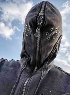 高品质THUG CLUB水洗金属拉链蒙面忍者连帽开衫男士潮牌卫衣外套
