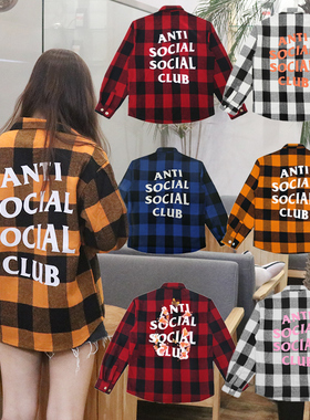 ASSC美式衬衣男生休闲黑红男士格子长袖宽松潮牌情侣上衣外套衬衫
