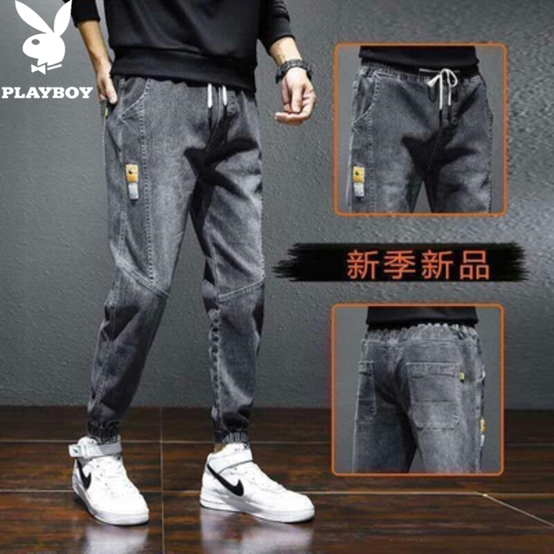 花花公子牛仔裤男士大码潮牌工装裤宽松九分裤哈伦休闲束脚裤子男