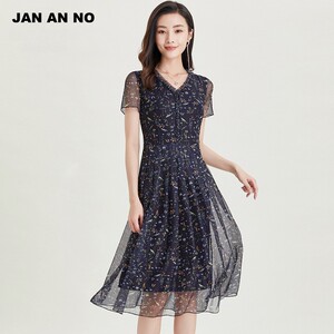 简爱诺专柜款夏季花色v领短袖裙中长款弹力网纱连衣裙J2120011LQ