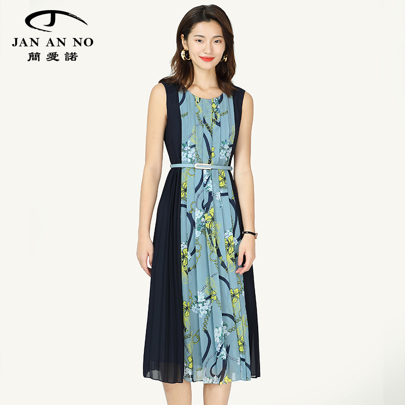 JAN AN NO简爱诺春夏花色新款无袖拼接长款收腰连衣裙J2010045LQ