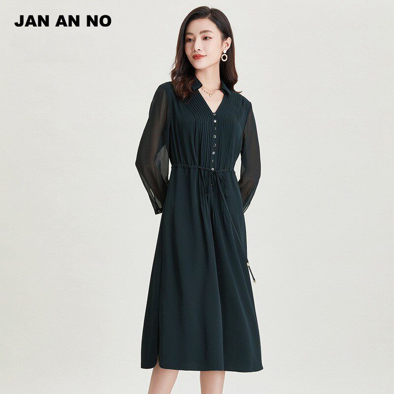 简爱诺商场专柜新品墨绿色V领长袖桑蚕丝气质连衣裙春J2110066LQ