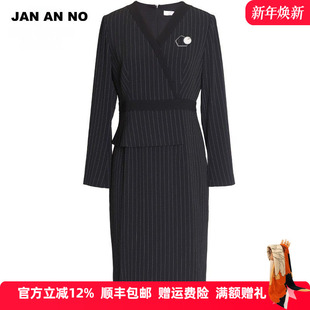 黑色v领气质条纹OL风连衣裙J2160035LQ NO简爱诺春秋新款 JAN