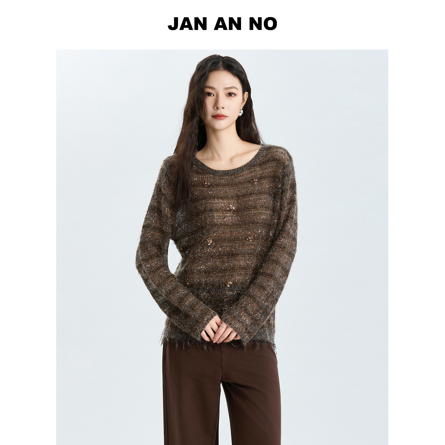 JAN AN NO 简爱诺宽松软糯条纹针织衫女秋冬新款闪闪衫J2577009ZS