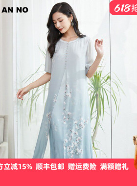 JAN AN NO 简爱诺新中式中国风宽松腰桑蚕丝连衣裙女夏J2210172LQ