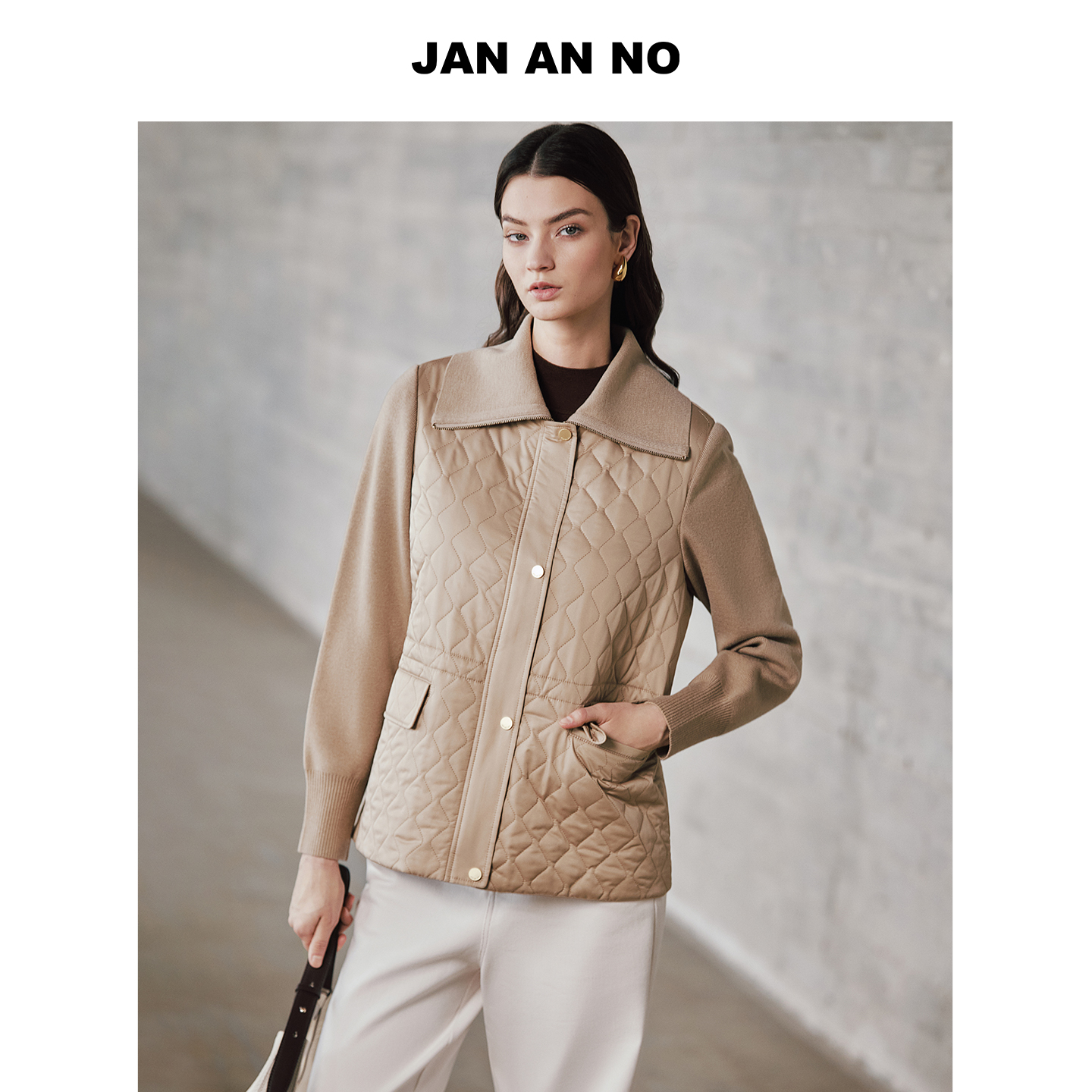 JAN AN NO简爱诺卡其色棉服简约外套冬季新款拼接棉服J2560074MF