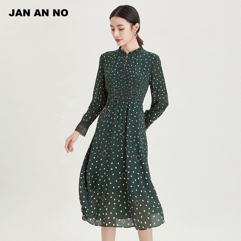 简爱诺商场专柜新品真丝长袖印花气质显瘦连衣裙女士春J2110088LQ